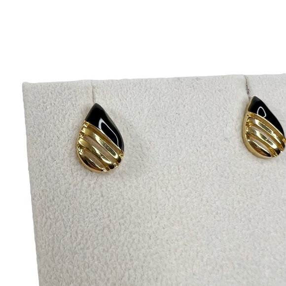 HR Stamped Gold Tone Black Enamel Teardrop Raindrop Pierced Earrings - Picture 2 of 9